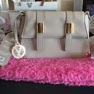 NWT YANI L'ADORE beige Elysian collection satchel Crossbody gold medal a
